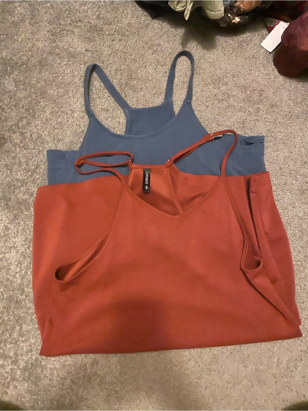 Rust Red & Slate Blue Spaghetti Strap Rompers